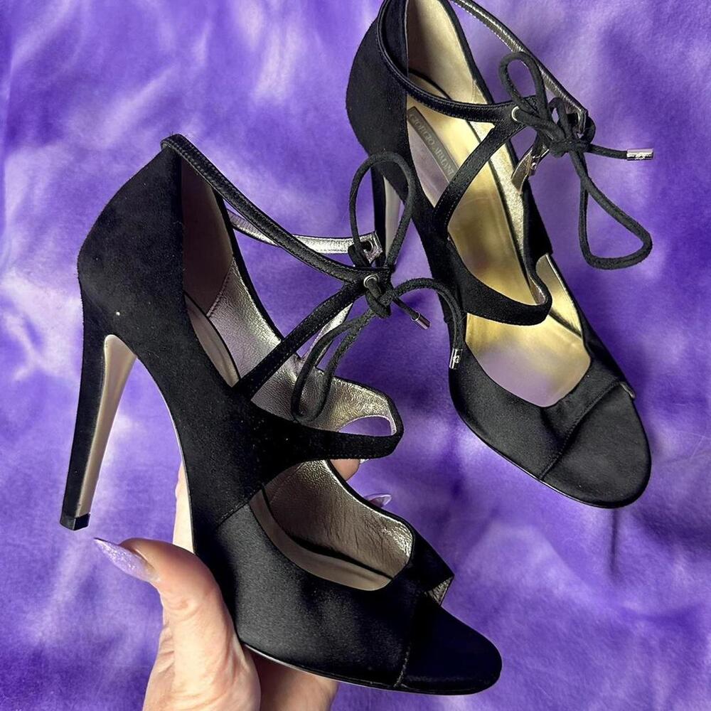 Giorgio Armani Luxury designer suede and satin black heeled sandals